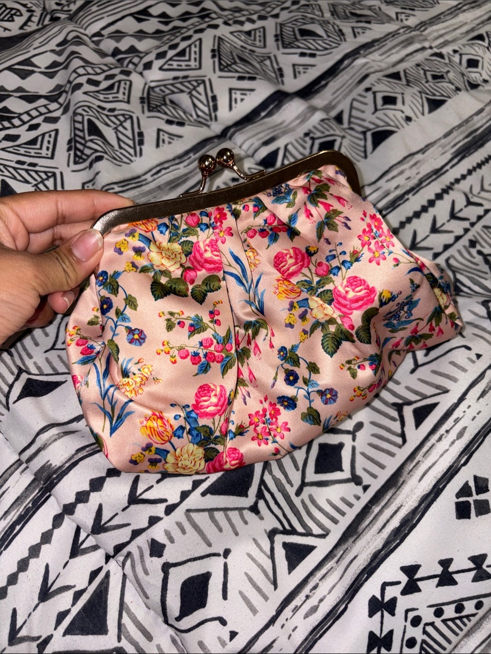 Floral Pink Satin Kiss-Lock Clutch